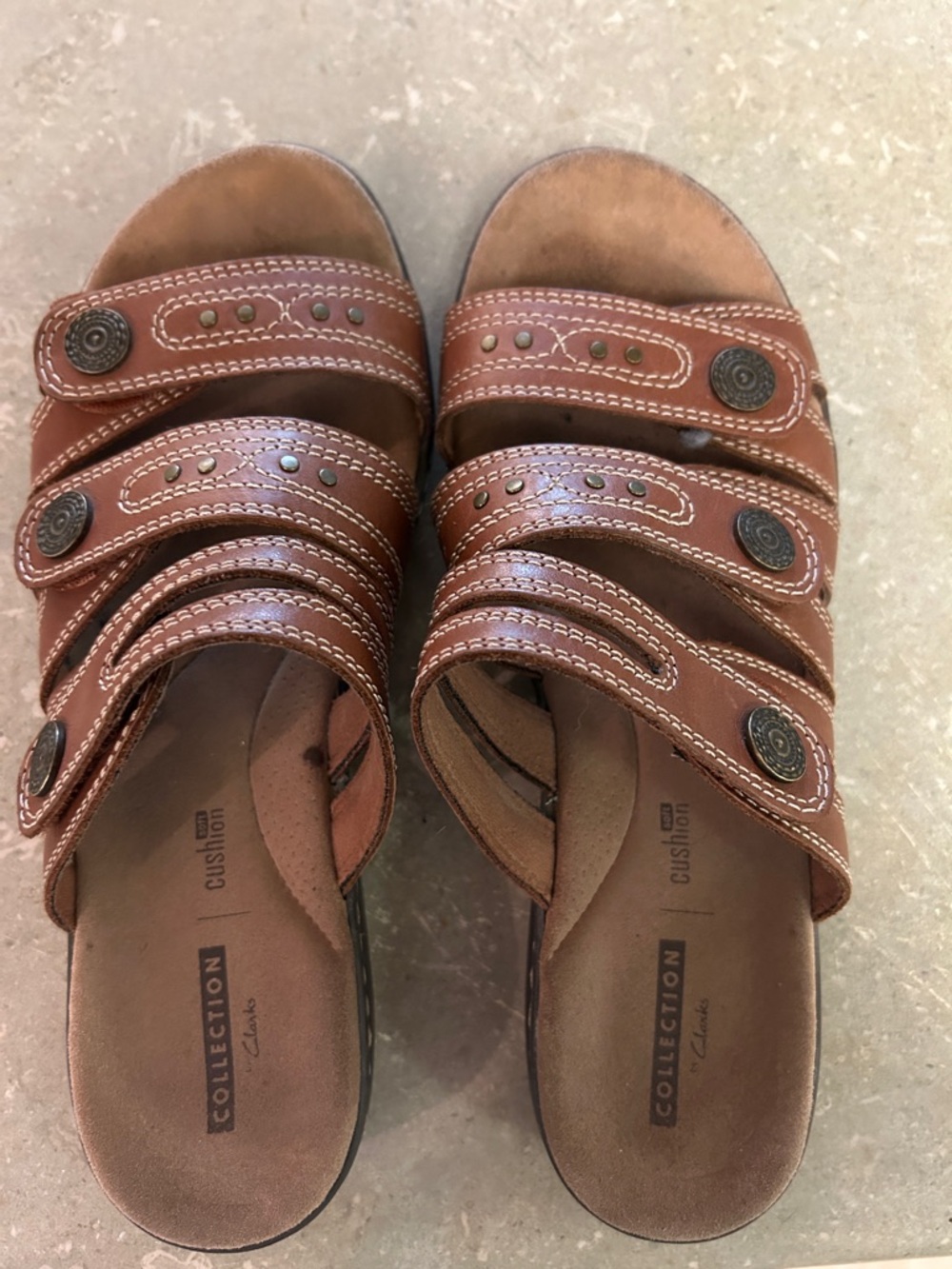 Clarks Collection Cushioned Brown Slide Sandals. Zelcro Adjustable Stud Straps